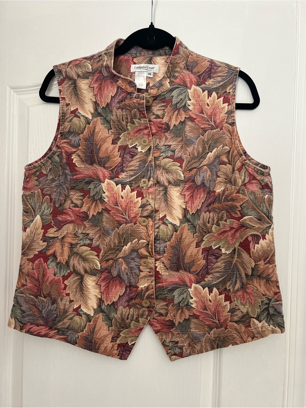 Vintage Coldwater Creek Fall Leaf Print Button Vest - Multicolor